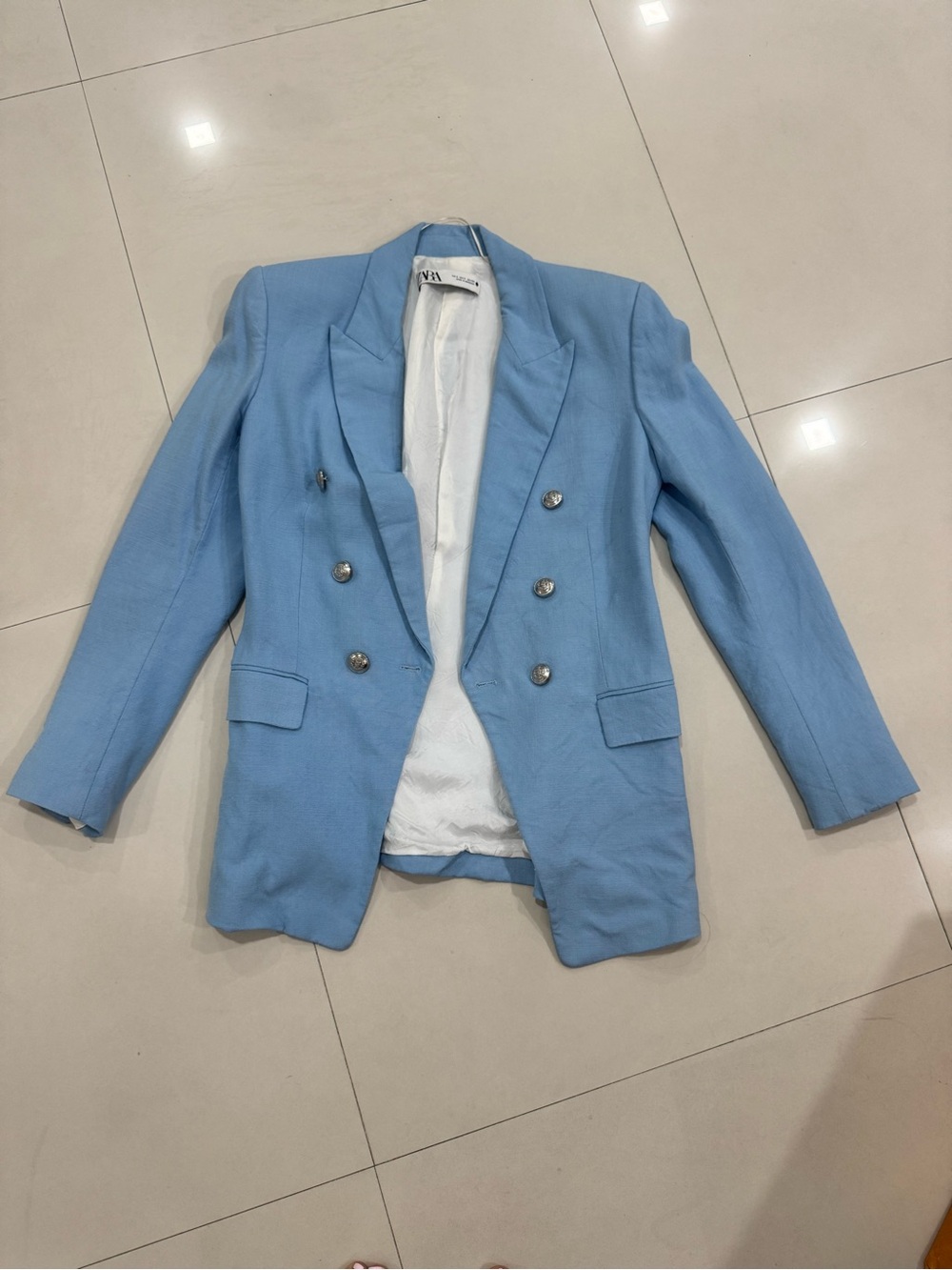 Zara Sky Blue Double-Breasted Blazer with Silver Buttons